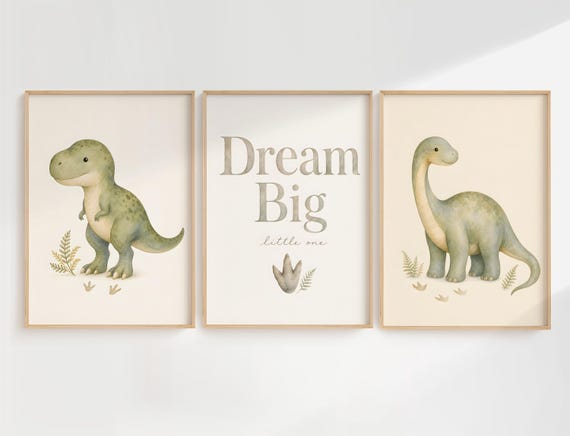 Cute Dinosaur Nursery Wall Art Set of 3, Printable Baby Room Decor, Watercolor Soft Sage Green Neutral Printables, Digital Download LD 01 by CuriosityPrintStudio