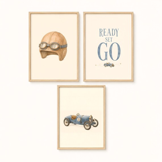 Vintage Race Car Nursery Wall Art Set of 3, Ready Set Go Prints, Racing Boy Room Decor, Retro Car Nursery Art, Boys Bedroom Printable by CuriosityPrintStudio