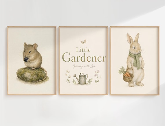 Rabbit Nursery Prints Set of 3, Little Gardener Wall Art, Cottagecore Nursery Decor, Printable Kids Room Wall Art, Digital Download LG 001 by CuriosityPrintStudio