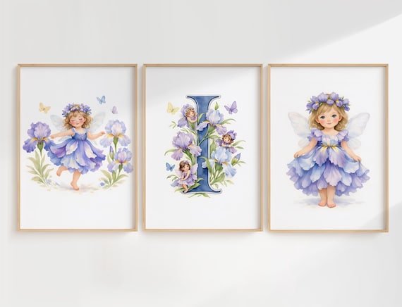 Iris Fairy Monogram Wall Art Set of 3, Letter I Nursery Print, Flower Fairy Wall Art, Girls Bedroom Decor, Personalised Initial Art, CCFF by CuriosityPrintStudio