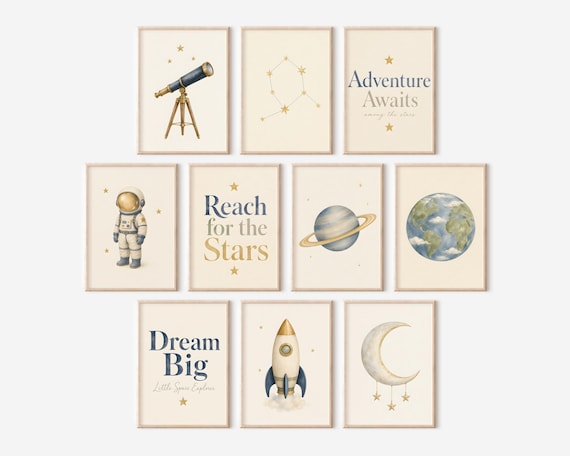 Printable Space Explorer Kids Wall Art Bundle, Set of 10, Vintage Astronomy Nursery Decor, Rocket Astronaut Prints, Digital Download Set LSE by CuriosityPrintStudio