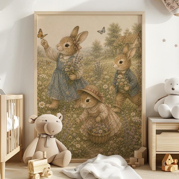 Bunny Family Nursery Wall Art, Rabbit Children Playing Print, Storybook Woodland Nursery Decor, Cottagecore Kids Printable, BHSC by CuriosityPrintStudio