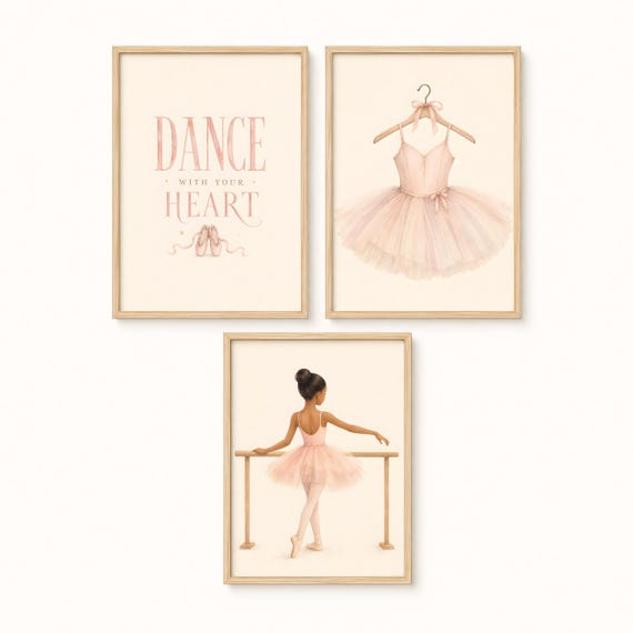 Brown Skin Ballerina Wall Art Set of 3, Ballet Nursery Decor, Dance With Your Heart Print, Diverse Girls Bedroom Printable Art by CuriosityPrintStudio