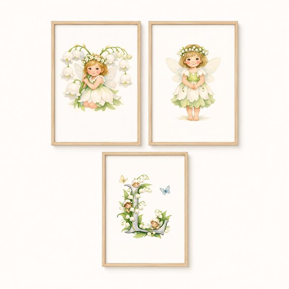 Letter L Nursery Wall Art Set of 3, Fairy Nursery Decor, Lily of the Valley Print, L Monogram Art, Floral Baby Girl Room Decor, CCFF by CuriosityPrintStudio