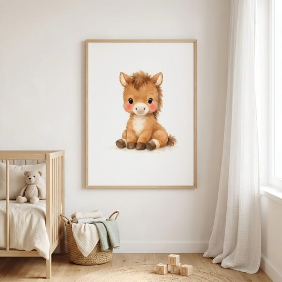 Cute Pony Printable Nursery Art - Watercolor Foal with Rosy Cheeks, Gentle Pastels, Farmhouse Kid-Friendly Decor, Instant Download FAC by CuriosityPrintStudio