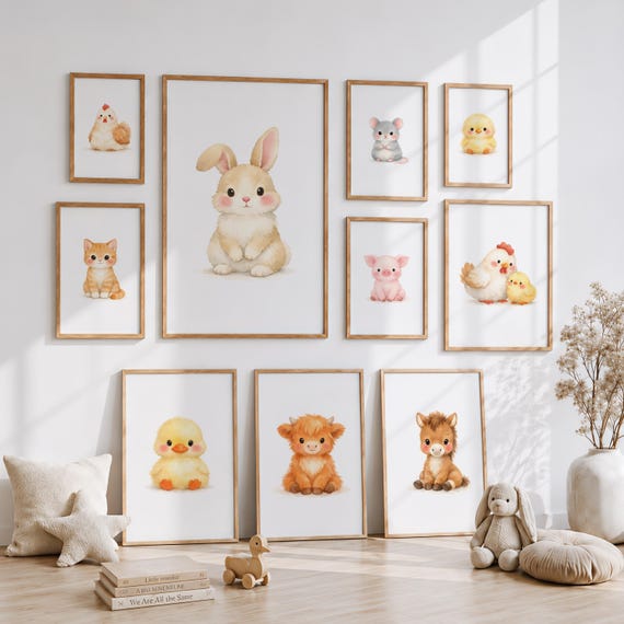 Nursery Farm Animal Printable Wall Art Set, Cute Baby Animals in Pastel Watercolor, Kids Room Decor, Digital Download, FAC by CuriosityPrintStudio
