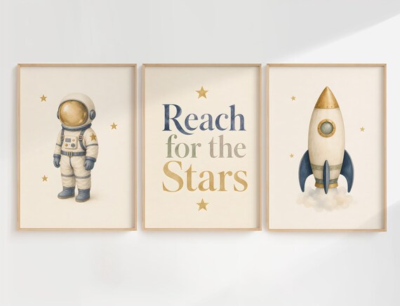 Reach for the Stars Space Nursery Wall Art Set of 3, Printable Vintage Kids Decor, Digital Download Prints, Kids Printable Wall Art, LSE by CuriosityPrintStudio
