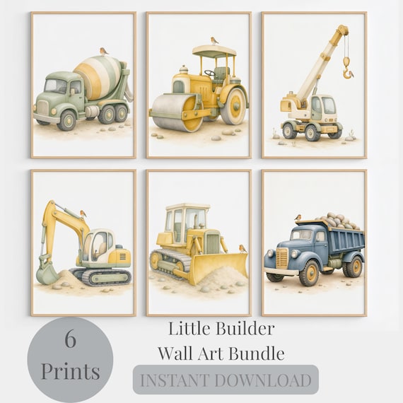 Construction Trucks Nursery Wall Set - 6, Downloadable Kids Room Wall Art, Excavator Bulldozer Dump Truck Crane Cement Mixer Road Roller by CuriosityPrintStudio