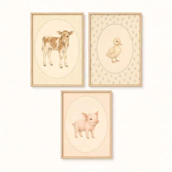 Vintage Farm Animals Nursery Wall Art Set of 3, Calf Duckling Piglet Prints, Farm Nursery Decor, Cottagecore Baby Room Printable by CuriosityPrintStudio