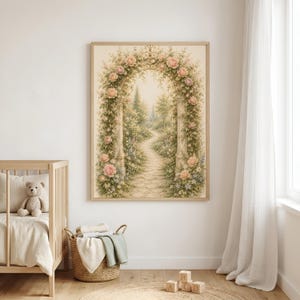 Rose Garden Archway Wall Art, Secret Garden Nursery Print, Cottagecore Floral Decor, Storybook Garden Path Artwork, Whimsical Nursery, WSC