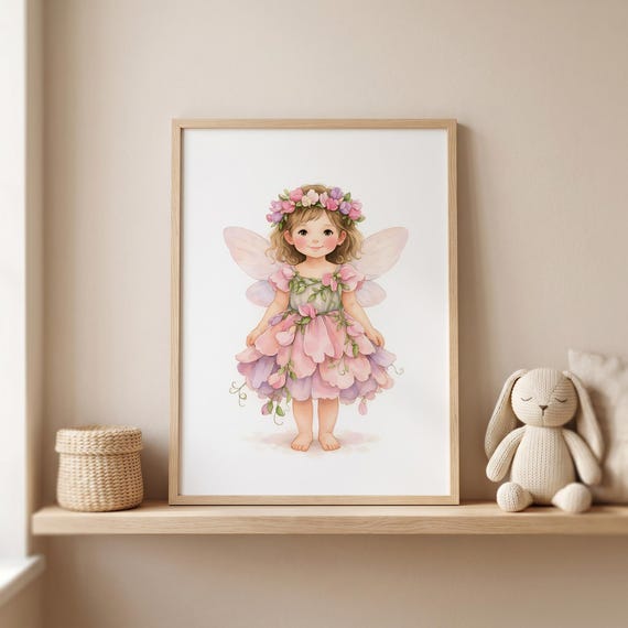 Sweet Pea Fairy Wall Art, Cottage Garden Fairy Decor, Floral Fairy Illustration, Pink Floral Nursery Art, Whimsical Printable Wall Art CCFF by CuriosityPrintStudio
