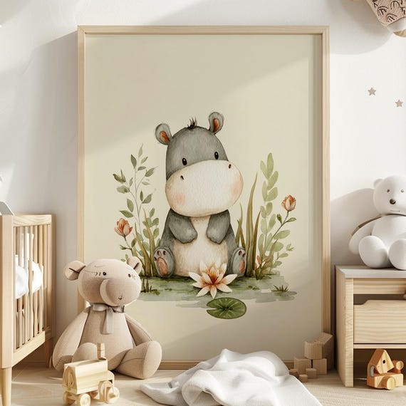 Adorable Hippo Nursery Wall Art - Cute Watercolor Hippopotamus on Lily Pad, Neutral Baby Room Decor, Printable Kids Art, Download, SJC by CuriosityPrintStudio