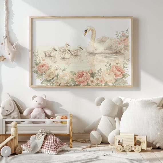 Swan Nursery Wall Art, Printable Swan Family Lake Scene, Blush Floral Nursery Decor, Watercolor Storybook Print, ESC by CuriosityPrintStudio
