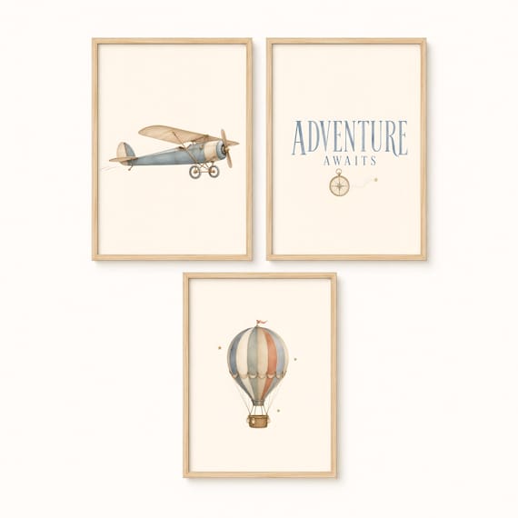 Vintage Transport Nursery Wall Art Set of 3, Airplane Hot Air Balloon Prints, Adventure Awaits, Boys Nursery Decor, Transportation Art by CuriosityPrintStudio