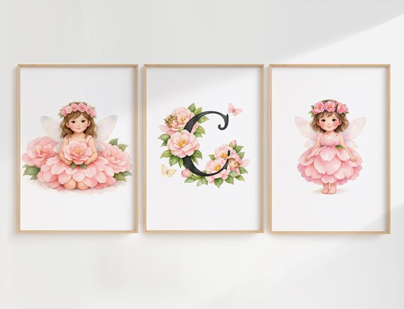 Fairy Monogram Wall Art Set of 3, Letter C Nursery Prints, Camellia Fairy Decor, Personalized Girls Room Wall Art, Printable Download CCFF by CuriosityPrintStudio