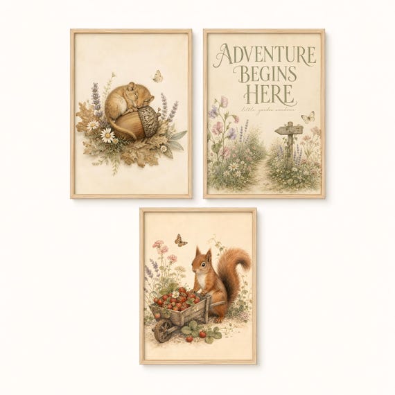 Little Garden Friends Wall Art Set of 3, Woodland Nursery Prints, Squirrel Dormouse Art, Adventure Nursery Decor, Cottagecore Nursery, LG by CuriosityPrintStudio