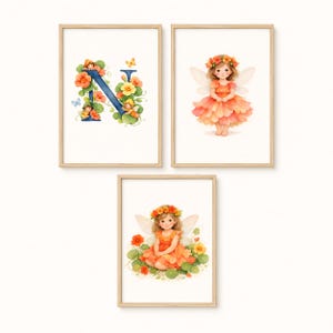 Nasturtium Fairy Wall Art Set of 3, Letter N Monogram Nursery Decor, Floral Fairy Prints, Cottagecore Nursery, Printable Wall Art, CCFF