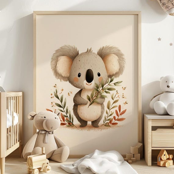 Adorable Baby Koala with Eucalyptus - Neutral Watercolor Art, Cute Nursery Print, Gentle Scandinavian Decor, Downloadable Wall Art 33, SJC by CuriosityPrintStudio