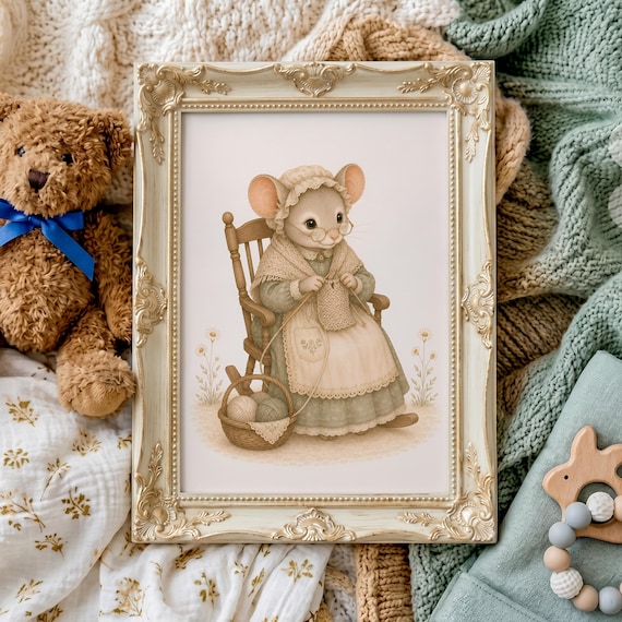 Granny Mouse Nursery Print | Mouse Knitting Wall Art | Woodland Nursery Decor | Printable Storybook Animal Art | Vintage Nursery Print, WFC by CuriosityPrintStudio