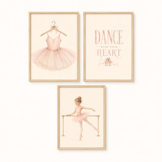 Ballerina Wall Art Set of 3, Ballet Nursery Decor, Dance With Your Heart Print, Pink Ballet Dancer Art, Girls Bedroom Printable by CuriosityPrintStudio