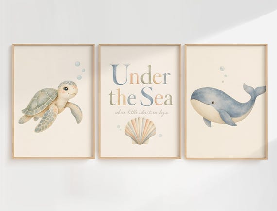 Coastal Nursery Wall Art Set of 3, Under the Sea Printable Baby Room Decor, Ocean Whale Turtle Print, Watercolor Downloadable Bundle, UTS by CuriosityPrintStudio