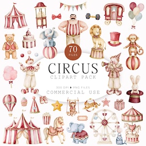 Pode incluir: Uma coleção digital de ilustrações em aquarela com tema de circo, incluindo uma tenda, um homem forte, palhaços, animais como elefante, leão, macaco e tigre, roda-gigante, carrossel, carrinho de pipoca e balões com o texto CIRCUS CLIPART PACK.