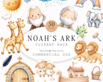 Puede incluir: Una colección de imágenes digitales con ilustraciones en acuarela de personajes del Arca de Noé, incluyendo jirafas, leones, elefantes, ovejas, un arca de madera, sol, arcoíris y nubes. Texto 50 FILES NOAH'S ARK CLIPART PACK 300 DPI PNG FILES COMMERCIAL USE.