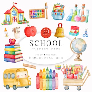 Könnte beinhalten: Eine digitale Sammlung von Aquarell-Illustrationen zum Thema Schule, darunter ein Schulgebäude, ein Rucksack, Reagenzgläser, Bücher, ein Globus, ein gelber Bus, Buntstifte und Kunstbedarf. Der Text lautet 20 FILES SCHOOL CLIPART PACK 300 DPI PNG FILES COMMERCIAL USE.