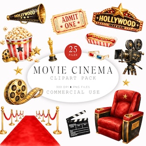 映画鑑賞会クリップアート水彩画バンドル、映画館PNGグラフィック、ハリウッド劇場要素、商用利用可