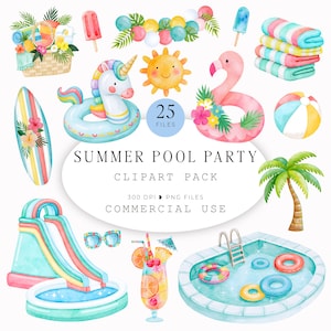 May include: A digital clipart collection featuring watercolour summer pool party elements including a unicorn float, flamingo float, surfboard, beach ball, pool slide, swimming pool, tropical drink, palm tree, and stacked beach towels.