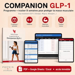 May include: An 8-week fitness program titled COMPANION GLP-1, featuring a digital tracker, workout schedule, and weight tracking charts. The materials include a PDF guide, Google Sheets, and Excel files for tracking muscle maintenance.
