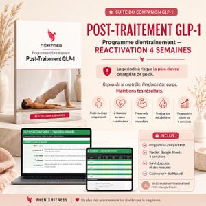 May include: A digital fitness program titled Post-Traitement GLP-1, featuring a 4-week reactivation training guide, a Google Sheets tracker, and a PDF manual. The materials include workout schedules, progress charts, and metabolic health tracking tools.