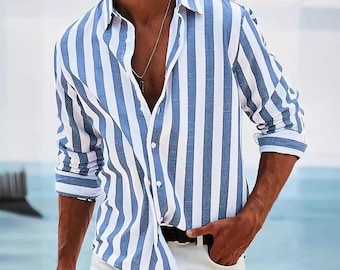 Striped Print Shirt Casual Loose Long-sleeved Shirt Men's Clothing