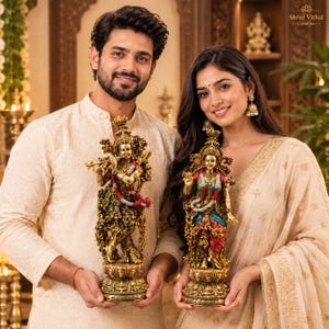Puede incluir: Dos estatuas metálicas ornamentadas de las deidades hindúes Krishna y Radha, con detalles dorados intrincados, acentos vibrantes en rojo y verde azulado, y guirnaldas florales. Cada figura se apoya sobre una base en forma de loto.