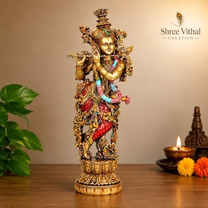 14 tums Lord Krishna-staty | Flöjtspelande idol, mässingsfinish i harts Murti