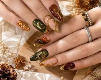 Uñas postizas hechas a mano con diseño de planetas y ojos de gato, set de arte del universo verde/regalo para ella.