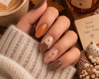Uñas postizas estilo ojo de gato de otoño, almendra naranja quemada, marrón moca (reutilizables)