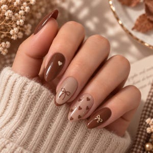 Könnte beinhalten: Mandelformige Fingernägel mit einer glänzenden Maniküre in Braun- und Beigetönen. Das Design umfasst dunkelbraune Nägel mit einem kleinen weißen Herz oder einer goldenen Schleife sowie hellbeige Nägel mit braunen Herzmustern und einer Schleife.