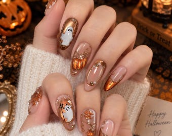 Halloween-Geister-Press-On-Nägel, Kürbis-Herbst-Nägel, handgefertigtes Mandel-Nagelset in Kupfergold