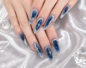 Handmade Cat-Eye Planet Press On Nails,Blue star Art Set/Gift For Her