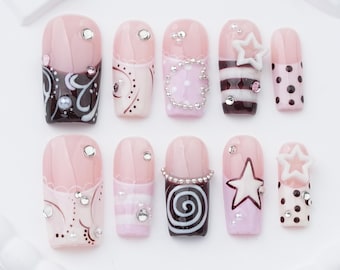 Y2K Pink Black Square Press On Nails/3D White Star Fake Nails/Hand Drawn Swirl Polka Dot Striped Rhinestone Pearl Reusable Gel Nails