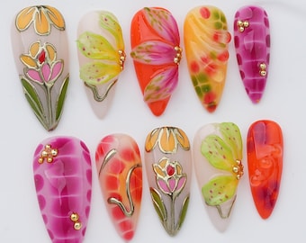 Flower Press On Nails, Gold Outline Floral Almond Glue Nails