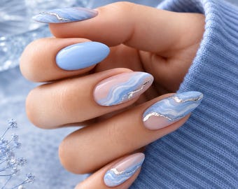 Handmade Press On Nails,Blue star Art Set/Gift For Her