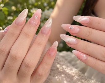 Pink Gold 3D Sculpted Almond Nails: Star Rhinestone Set
