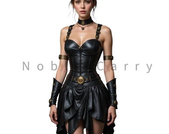 Women's Black Leather Warrior Corset Dress | Gothic Steampunk Fantasy Outfit | Lace Up Back Medieval Costume | Gladiator Costume Dress