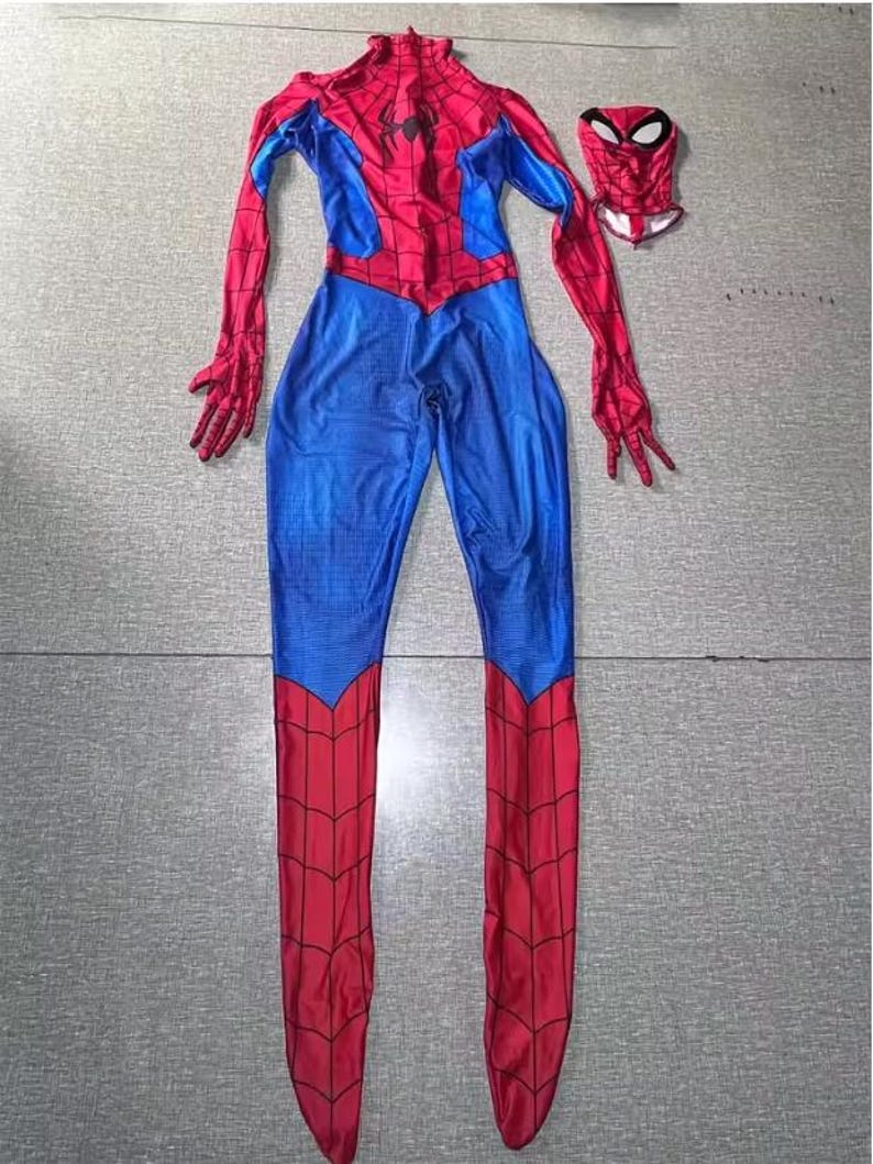 May include: A red and blue Spider-Man costume, comprising a full body suit and a separate mask. The suit has a red spider web pattern on the red areas and blue panels on the torso and legs. The mask features white eye coverings.