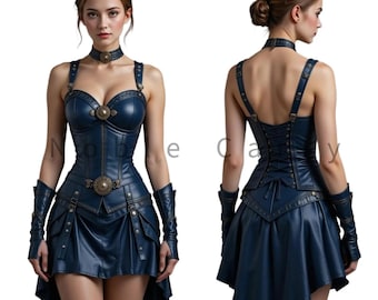 Blue Leather Warrior Corset Dress | Gothic Steampunk Fantasy Outfit | Lace Up Back Medieval Costume | Women Gladiator Costume Dress