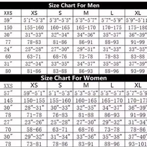 May include: A size chart for men and women, with measurements in inches and centimetres. The chart includes sizes from XXS to XXXL, detailing height, bust, waist, and hip measurements for each size.
