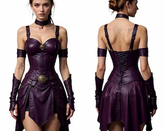 Damklänning i gotisk lila krigarkorsett i äkta läder för kvinnor | Gotisk medeltida fantasydräkt | Steampunk-gladiatorkostym med snörning baktill