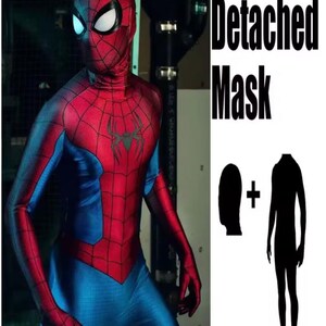 May include: A red and blue Spider-Man costume with a detached mask. The costume features a spider emblem on the chest and a web pattern. The text "Detached Mask" is displayed next to the costume.